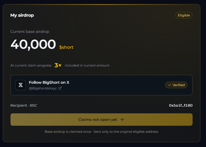 A dark-themed digital interface showing 'My airdrop' with a 'Current base airdrop' of '40,000 $short', instructions to 'Follow BigShort on X' (marked as Verified), and a 'Claims not open yet' button.