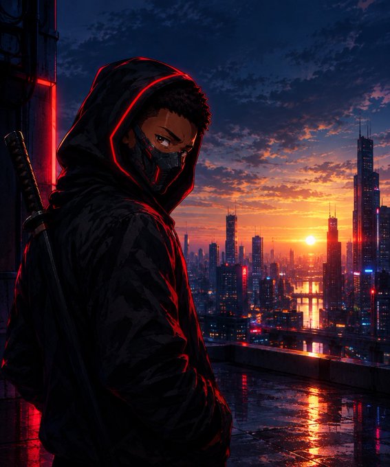 An anime-style illustration of a hooded figure with a katana on their back, wearing a face mask, standing on a rooftop overlooking a futuristic cityscape at sunset.