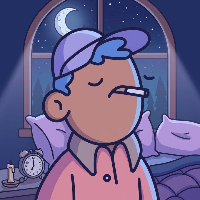 A cartoon illustration of a character with blue hair and a cap, smoking a cigarette, with eyes closed in a bedroom at night under a crescent moon.