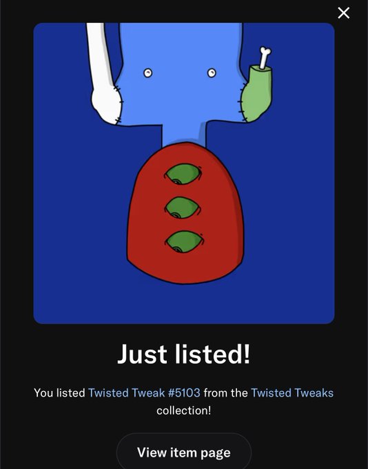 The image shows a notification "Just listed!" from a marketplace, confirming that "Twisted Tweak #5103 from the Twisted Tweak collection" has been listed, matching the post about listing the singular upside down @TwistedTweakNFT for sale.