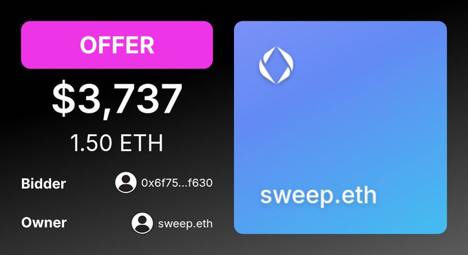 An NFT marketplace offer card for the Ethereum Name 'sweep.eth' showing a current bid of $3,737 (1.50 ETH).
