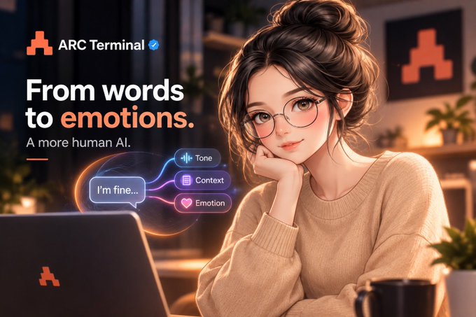 An advertisement graphic for 'ARC Terminal' featuring an anime-style woman and the text 'From words to emotions. A more human AI.', with tags for Tone, Context, and Emotion.