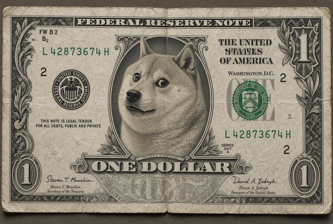 A modified US one dollar bill featuring the Shiba Inu dog's face instead of George Washington's portrait.