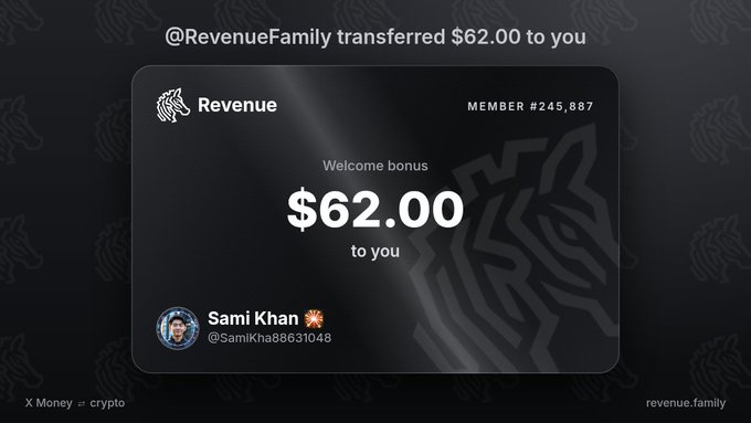 A digital payment notification showing '@RevenueFamily transferred $62.00 to you' with a welcome bonus graphic and the handle '@Samikha88631048'.