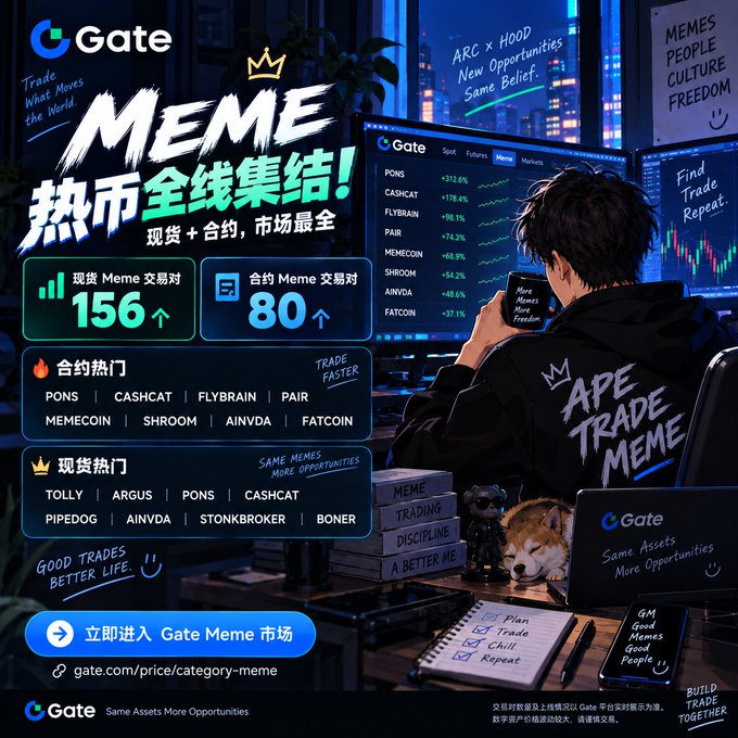 A promotional graphic for Gate.io's 'MEME' trading section, advertising 'Meme 热币全线集结!' with 156 spot and 80 futures meme trading pairs, featuring a young man looking at charts displaying tickers like PONS, CASHCAT, and FLYBRAIN.