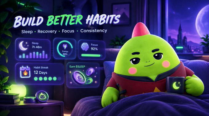 A digital advertisement featuring a green cartoon character in a red shirt holding a mug in a dark bedroom setting, promoting 'BUILD BETTER HABITS' with metrics for Sleep (7h 48m), Energy (88%), Focus (92%), a 12-day Habit Streak, and an 'Earn $SLEEP' token reward.