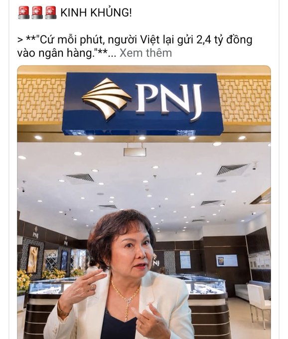 A Vietnamese news article screenshot with the headline 'KINH KHỦNG!' about people depositing 2.4 billion VND per minute into banks, featuring a photo of a woman inside a PNJ jewelry store.