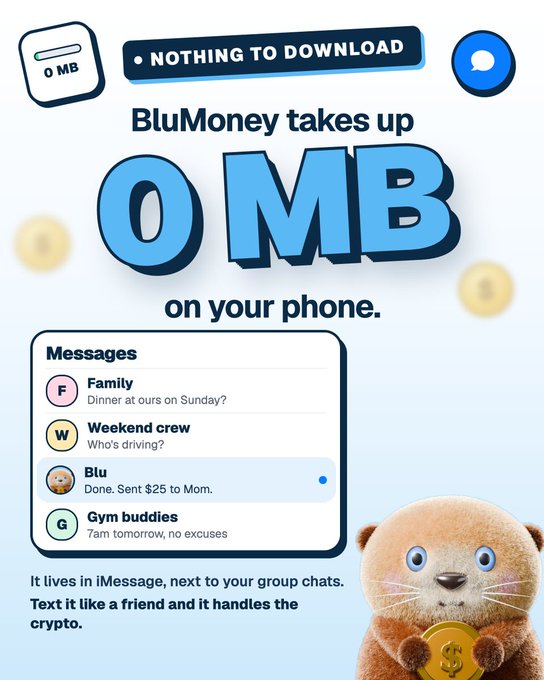An advertisement for BluMoney featuring text 'NOTHING TO DOWNLOAD' and 'BluMoney takes up 0 MB on your phone,' alongside an otter mascot holding a gold coin.