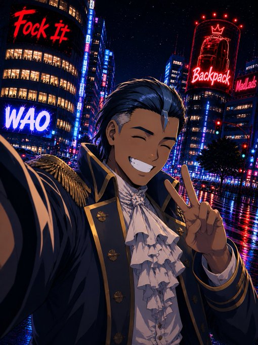 An anime-style illustration of a smiling man in an ornate military-style jacket making a peace sign while taking a selfie in a neon-lit cityscape featuring signs reading 'Fock It', 'WAO', and 'Backpack'.