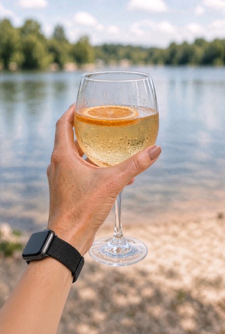 A hand wearing a black smartwatch holds a glass of sparkling white wine with an orange slice, against a tranquil lake and beach backdrop.