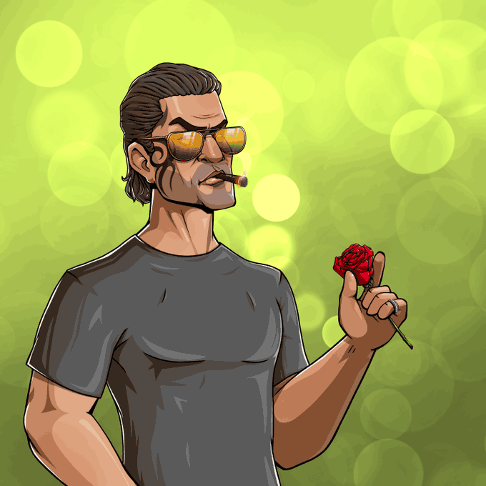 A digital illustration of a stylized man wearing yellow-tinted sunglasses, smoking a cigar, and holding a red rose against a green bokeh background.