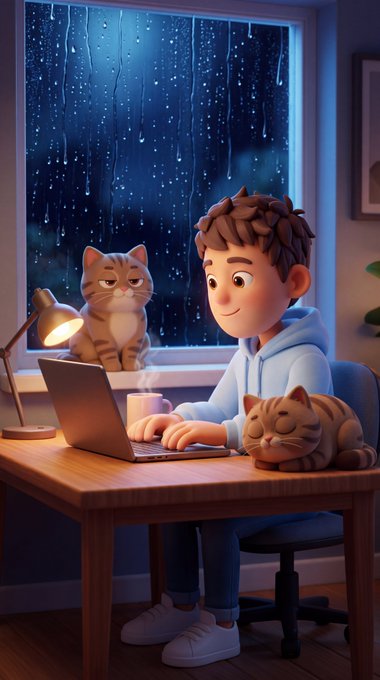 A 3D animated-style illustration shows a young boy working on a laptop at a wooden desk at night, accompanied by two orange tabby cats — one sitting on the windowsill and another curled up beside him — with rain visible on the window behind them.