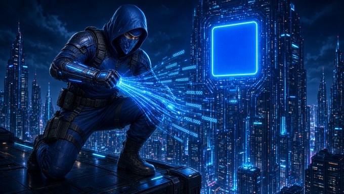 A hooded futuristic figure projects blue digital beams toward a glowing rectangular portal in a neon cityscape.