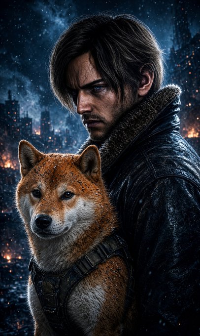 A digital artwork depicting a rugged man with dark hair holding a Shiba Inu dog against a dramatic, snowy backdrop with city lights.