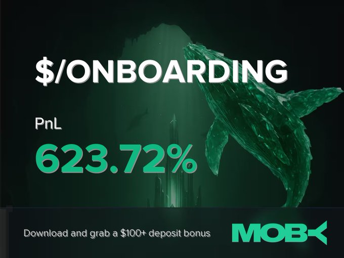 A promotional graphic from Moby Mobile featuring a green shark silhouette displays the $/ONBOARDING ticker with a highlighted PnL of 623.72%, alongside text offering a $100+ deposit bonus and the Moby logo, matching the win alert of a trader closing a highly profitable position.
