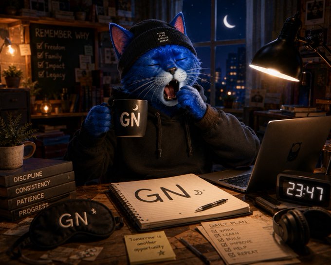 An anthropomorphic blue cat wearing a beanie and hoodie yawns while holding a black mug labeled 'GN', sitting at a desk with a notebook, laptop, and books titled 'DISCIPLINE', 'CONSISTENCY', 'PATIENCE', and 'PROGRESS'.