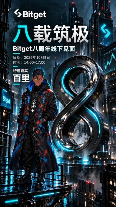 A promotional poster for 'Bitget' featuring an anime-style character standing in front of a futuristic cityscape with a large glowing '8' symbol. The text includes 'Bitget', '八载筑极', 'Bitget八周年线下见面', '日期: 2026年10月8日', '时间: 14:00-17:00', and '特邀嘉宾 百厘'.