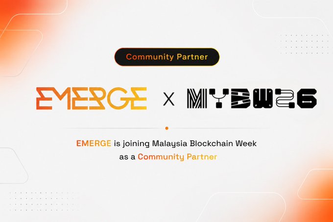 A partnership announcement graphic stating 'EMERGE is joining Malaysia Blockchain Week as a Community Partner' alongside the MYBW26 logo.
