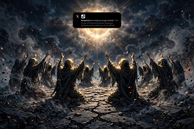 A dark fantasy illustration of hooded figures kneeling with hands raised toward a glowing celestial light, overlaid with a Twitter/X notification popup that reads 'Derpybull has invited you to get verified.'