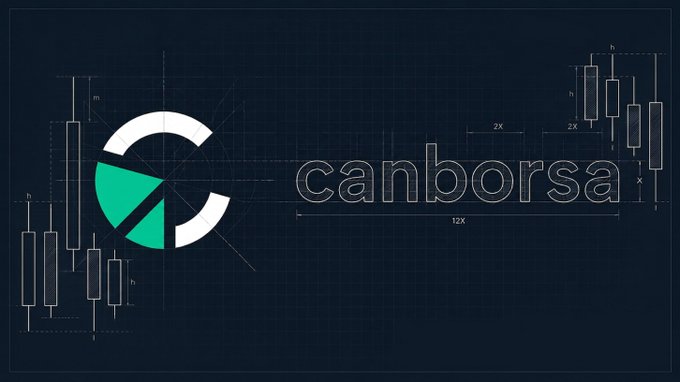 The image features a logo for Canborsa, which is a cryptocurrency exchange platform. The logo consists of a green triangle with a white "C" inside it, surrounded by a grid-like pattern. Below the logo, there's text that reads "Canborsa", and below that, another grid-like pattern displays numbers and symbols related to trading and cryptocurrency.