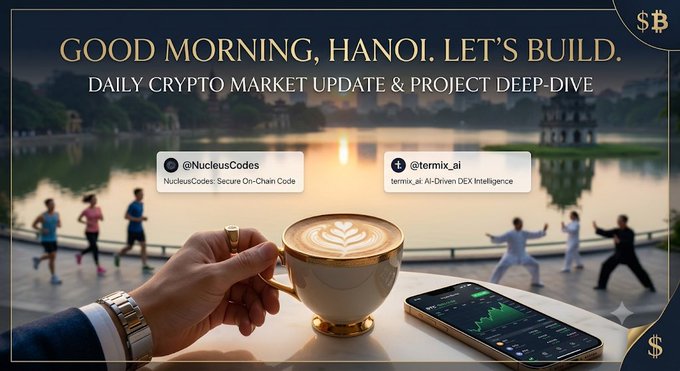 A daily crypto market update graphic titled 'GOOD MORNING, HANOI. LET'S BUILD.' featuring handles @NucleusCodes (NucleusCodes: Secure On-Chain Code) and @termix_ai (termix.ai: AI-Driven DEX Intelligence), showing hands holding a coffee cup and phone by a lakeside.