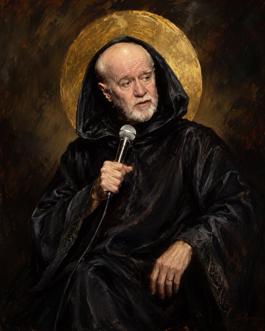 An AI-generated or edited painting of an older bald man with a white beard wearing a black hooded robe, holding a microphone, with a golden halo behind his head.