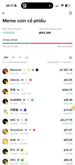 A Vietnamese cryptocurrency tracking app screen titled "Meme coin cổ phiếu" showing a list of meme tokens including MarsCoin (₫1,507.78, -5.14%), bStocks (₫42.95, +41.96%), 币有 (₫340.75, -7.13%), and SUMMER (₫36.98, +554.34%), with 23 notable tokens and a market sentiment indicating 60.87% decline.