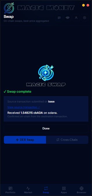 A screenshot of the Magic Eden wallet interface showing a successful swap: 'Received 1.548215 cBADA on solana' with the source transaction submitted on Base.