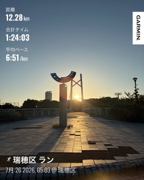 A Garmin running activity screenshot showing a 12.28 km run in Sumida Ward on 7/26/2026 at 05:03, with a total time of 1:24:03 and average pace of 6:51/km.