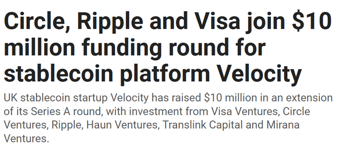 A news headline reading 'Circle, Ripple and Visa join $10 million funding round for stablecoin platform Velocity', with a subtext explaining that UK stablecoin startup Velocity raised the funds from Visa Ventures, Circle Ventures, Ripple, Haun Ventures, Translink Capital and Mirana Ventures.