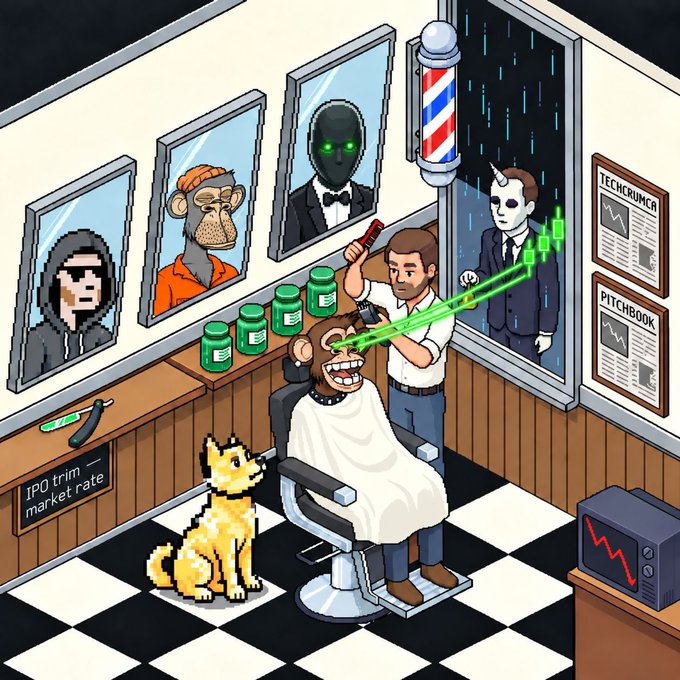 A pixel-art style illustration shows a monkey in a barber chair receiving a haircut with green laser eyes, surrounded by framed portraits of other pixel monkeys, a pixel fox, jars, and signs reading "IPO trim market rate," "TECHCRUNCH," and "PITCHBOOK." The barber scene humorously visualizes the post's reference to "Adam Weitsman" getting a "haircut" at "exitlabsdotfun," playfully tying finance/startup imagery to the NFT office setting.