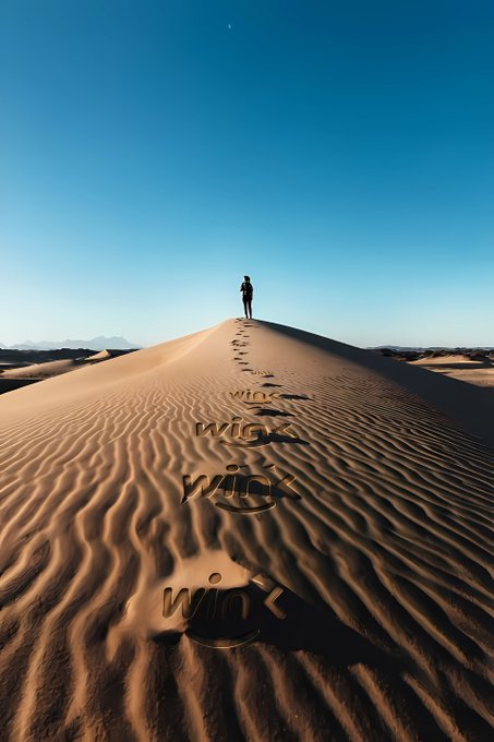 A silhouette of a person standing atop a sand dune under a clear blue sky, with a trail of 'WICK' text impressions leading down the dune in the sand.