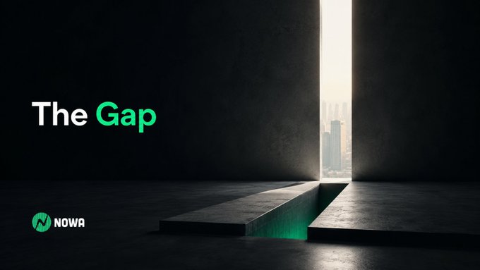 The image features a dark, minimalist scene with a glowing vertical light revealing a distant cityscape through a narrow opening, with a green-lit trench running along the floor labeled "The Gap" and a "NOWa" logo in the corner—visually reinforcing the post's metaphor about the divide between saving up to buy crypto outright versus trading derivatives that never deliver actual ownership.