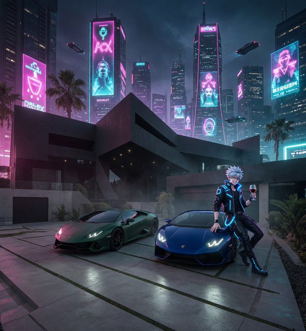A cyberpunk-style digital artwork showing a white-haired male anime character standing between a green Lamborghini and a blue Lamborghini, holding a drink, against a neon-lit futuristic cityscape with holographic billboards.