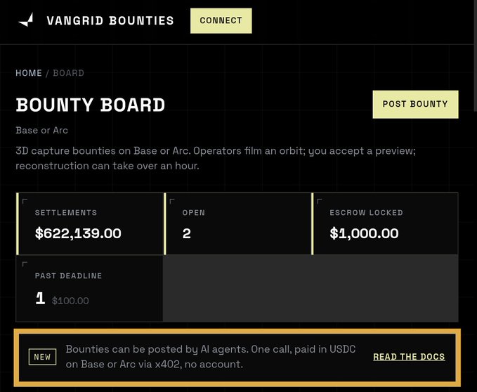 A screenshot of the 'VANGRIID BOUNTIES' interface showing a 'BOUNTY BOARD' for '3D capture bounties on Base or Arc,' with stats including $622,139.00 in settlements, 2 open bounties, and $1,000.00 in escrow locked.