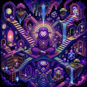 A purple, sheep-like deity meditates in a lotus pose at the center of a mystical, pixel-art kingdom filled with floating islands, waterfalls, hourglasses, and arcane symbols — embodying the "Monad Realm" theme. The post promotes the #TheMonatsArt contest, with the central figure likely representing the Monats mascot guiding players to "restore" this magical, crypto-inspired world.
