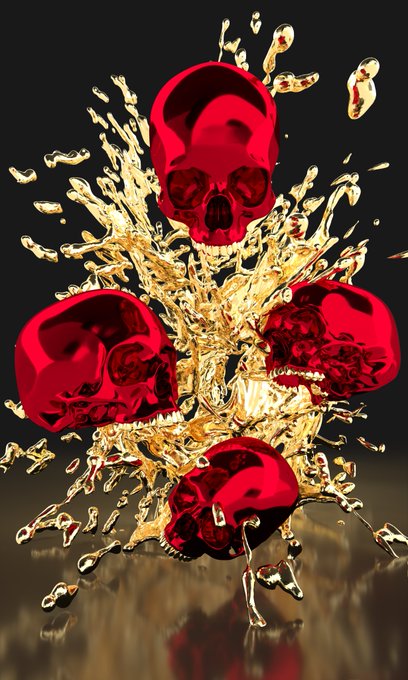Four glossy red skulls are frozen mid-explosion, splashing outward with dynamic golden liquid bursts against a dark background.