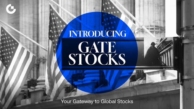 The image features a large blue circle with white text that reads "Introducing Gate Stocks" above an American flag. Below this, there are two more American flags displayed. The background of the image shows a building or a street scene, but they do not seem to be directly related to the content in the image.