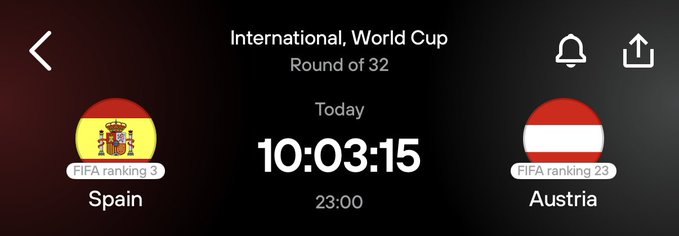 A sports app countdown timer shows an International World Cup Round of 32 match between Spain (FIFA ranking 3) and Austria (FIFA ranking 23) kicking off today at 23:00, with the post inviting followers of @luno_sol1 to predict the final score for a chance to win $150.