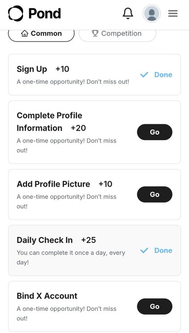 The image shows the "Pond" app's points task page displaying common tasks like Sign Up (+10), Complete Profile Information (+20), Add Profile Picture (+10), Daily Check In (+25), and Bind X Account, with some already marked as "Done." This illustrates the referral points program mentioned in the post, where users earn points by completing simple onboarding and engagement tasks after signing up through the provided link.