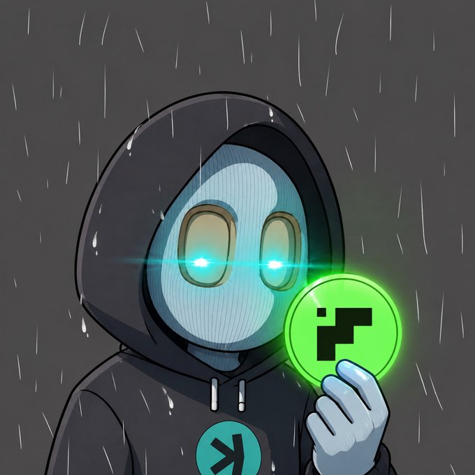 A hooded, masked figure with glowing blue eyes holds a glowing green coin featuring a stylized letter design in the rain. The image ties into the post by symbolizing a mysterious crypto insider wielding the platform's trade-fee reward token, inviting users to claim their $10 airdrop via @TxFlow_L1 to help get $CATE listed.