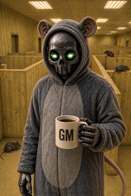 A digital rendering of a robotic figure with a skull-like face and glowing green eyes, wearing a gray mouse costume with ears and a tail, holding a mug labeled 'GM' in an office cubicle setting with rats.