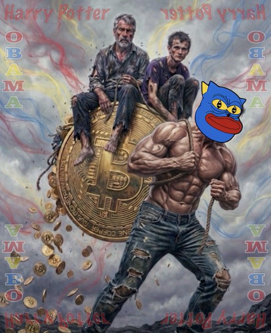 The image features a painting of two men, one sitting on top of a large golden coin while another man holds onto him with a rope. The background shows a cloudy sky, adding an artistic touch to the scene. The caption below the painting reads "HARRY POTTER OBAMA SONIC 10 INU SAVING CRYPTO". This suggests that the image is related to a post about cryptocurrency or digital currency and features the famous Harry Potter character as part of its theme.