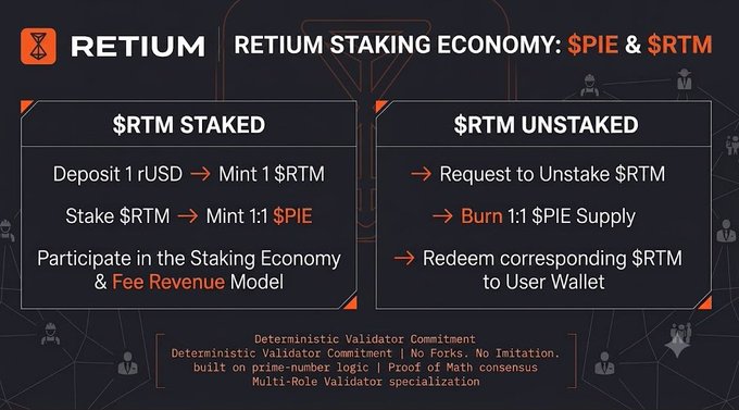 An informational graphic detailing the 'RETIUM STAKING ECONOMY: $PIE & $RTM', outlining the processes for staking and unstaking tokens in two side-by-side panels.