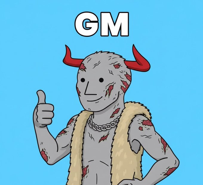 A cartoon illustration features a gray, scarred humanoid figure with red horns giving a thumbs-up, with "GM" (good morning) displayed above its head.