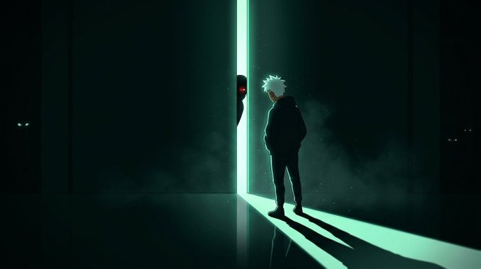 A lone figure stands bathed in a sliver of eerie green light as a shadowy silhouette with glowing red eyes peers from the darkness, evoking a tense, confrontational moment that complements the mysterious, giveaway-themed mood of the NFT airdrop post.