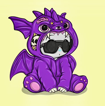 A cartoon illustration of a purple character wearing a purple dragon or dinosaur onesie with sunglasses, featuring a brain and extra eyes on the hood.