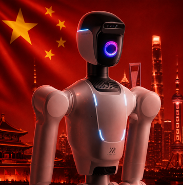 A sleek humanoid robot with glowing blue accents and "XR" branding stands prominently in front of a Chinese flag and cityscape, illustrating China's new UBTECH factory in Liuzhou capable of producing one humanoid robot every 10 minutes, or over 10,000 per year.