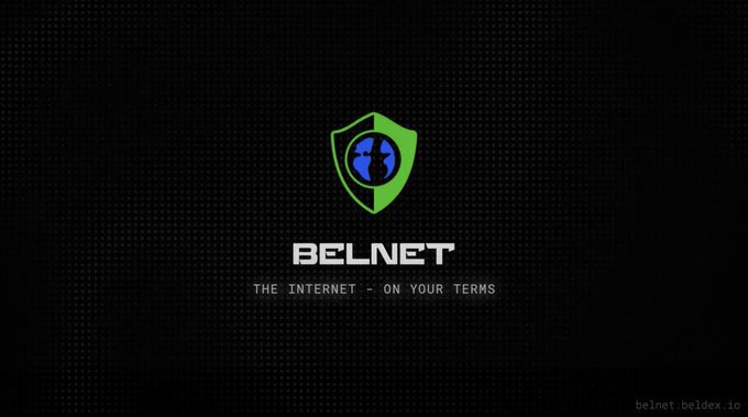 A sleek promotional graphic for Belnet, the privacy-focused internet browser by Beldex, featuring a green shield logo with a stylized blue "B" and the tagline "THE INTERNET - ON YOUR TERMS," visually reinforcing the post's message of user-controlled, data-free browsing with built-in AI features.