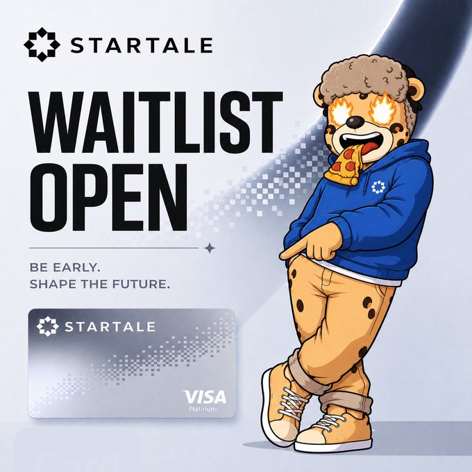 A promotional graphic featuring an animated cheetah mascot in a blue hoodie alongside a STARTALE Visa Platinum card, with bold text announcing "WAITLIST OPEN" and the tagline "BE EARLY. SHAPE THE FUTURE." — directly supporting the post's call to action for users to apply to the Startale crypto card waitlist via the Startale app.